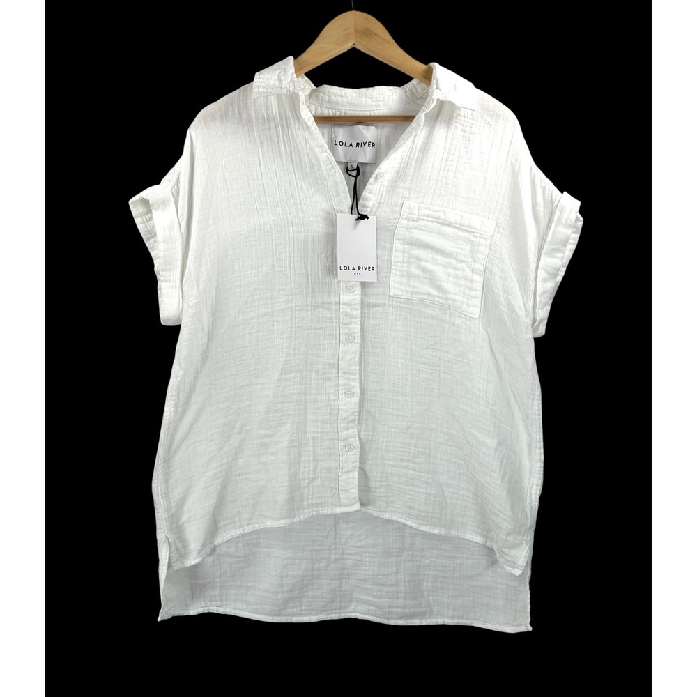 Lola River Button Down gauzy Shirt sz L White Short Sleeve minimalist High‎ Low